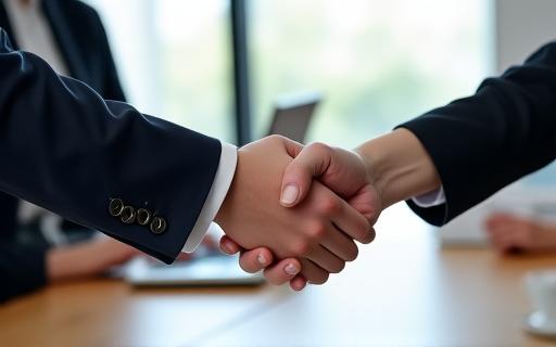 Two people shaking hands over a business deal.